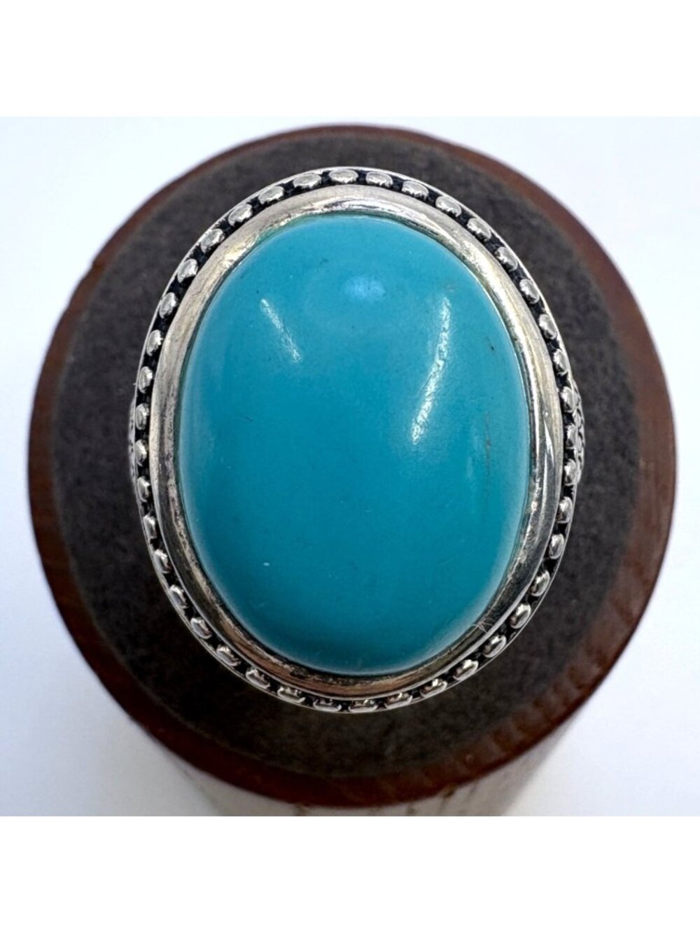 Turquoise Bezel Set Beaded Border Ring 925 Sterling Silver Size 8 Fit